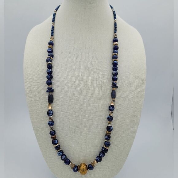 Necklace Blue Glass Beads & Metal Beads Bohemian Handmade Necklace #442 - Picture 2 of 15